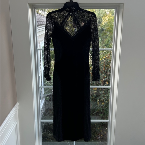 Anthropologie Long-Sleeve Mock-Neck Lace Velvet Midi Slip Dress Evening XS NWT - Picture 8 of 15